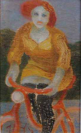 Giovanni Maranghi, La ciclista, Mista su tela, 30cm x 20cm. Firmato sul retro...