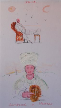 Antonio Possenti, Rimbaud a Harrar, 2003 Mista su cartone, 50cm x 25cm....