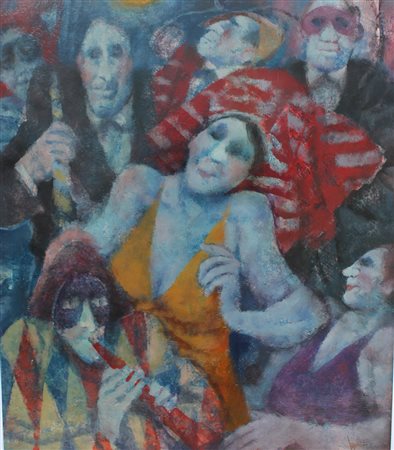Remo Squillantini, Carnevalata, Olio su tavola, 70cm x 60cm. Autentica su...