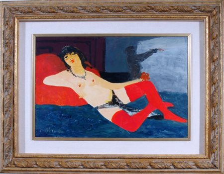 FIUME SALVATORE (Comiso 1915 - Canzo 1997) "Odalisca dalle calze rosse" Olio...