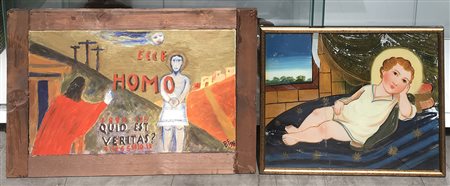 Lotto composto da un verre peint del secolo XIX raffigurante Gesù Bambino (cm...