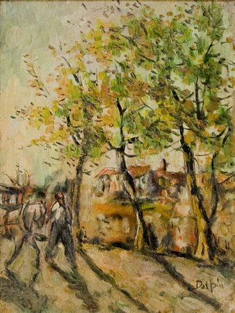 Dario Delpin Paesaggio con figure olio su tela intavolata cm. 43x32 Firma in...
