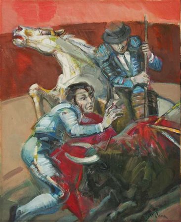 Luigi Voltolina Corrida olio su tela cm. 55x45 Firma in basso a dx