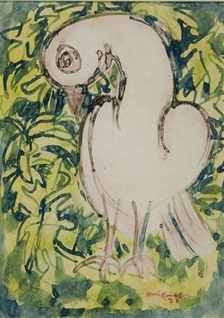 Giuseppe Migneco Uccello bianco - 1970 acquarello su carta intelata cm. 29x21...