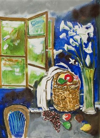 Gastone Breddo Cestino alla finestra con gigli e frutti olio su tela cm....