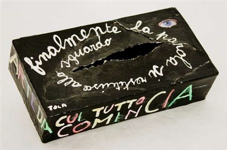 Luigi Tola Finalmente la parola tecnica mista e collage su scatola di cartone...