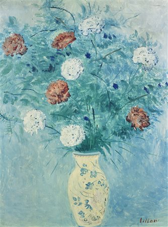 LILLONI UMBERTO (1898 - 1980) Fiori nel vaso cinese. 1968. Olio su cartone....