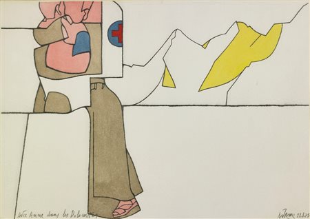 ADAMI VALERIO (n. 1935) Avec Anne dans les dolomites. 1973. Tecnica mista su...