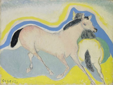 CESETTI GIUSEPPE (1902 - 1990) Due cavalli. Olio su tela . Cm 40,00 x 30,00....