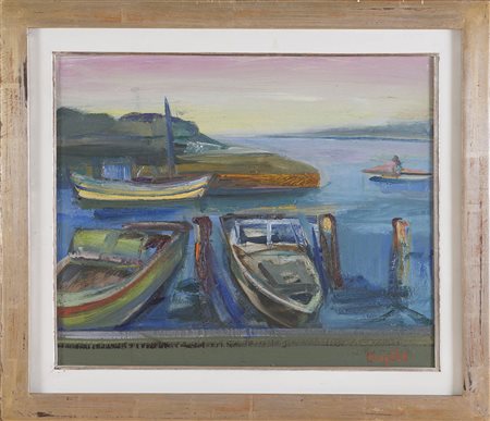 Lorenzo Ceregato (Lonigo 1933), “Marina con barche”. Olio su tela, firmato in...