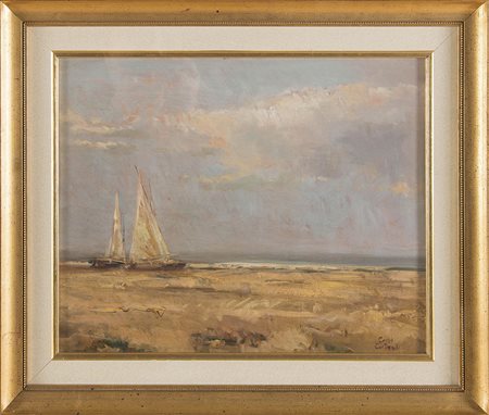 Carlo Corticelli (XX sec.), “Marina”. Olio su tavola, firmato in basso a...