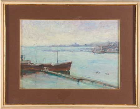 Norma Mascellani (Bologna 1909 - 2009), “Porto con barche”. Olio su tavola,...
