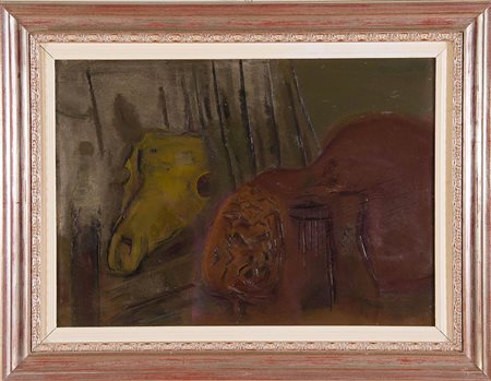 Ilario Rossi (Bologna 1911 - 1994), “Bucranio e Chitarra”, 1965. Olio su...