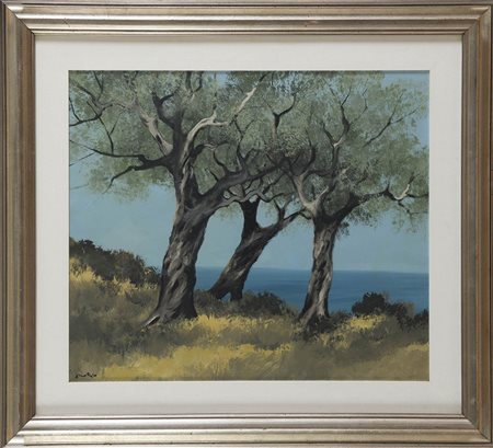 Enotrio Pugliese (Buenos Aires 1920 - Pizzo 1989), “Tre ulivi”. Olio su...