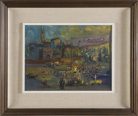 Nino Corrado Corazza (Bologna 1897 - 1975), “L’arrivo”. Olio su tavola,...