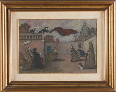 Nino Caffè (Alfedena 1908 - Pesaro 1975), “Pretini che giocano”, 1971. Olio...