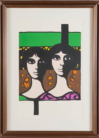Pompeo Borra (Milano 1898 - 1973), “Due figure”. Litografia a colori su...