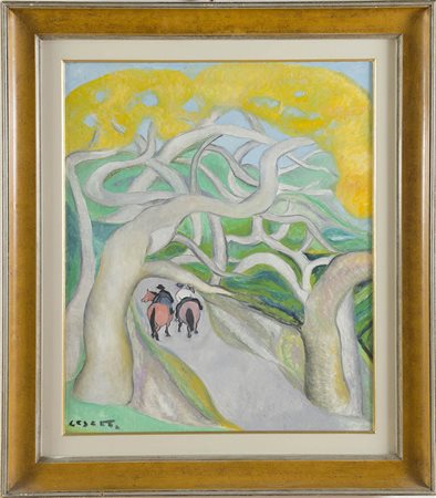 Giuseppe Cesetti (Tuscania 1902 - 1990), “Cavalieri sotto gli Alberi”. Olio...