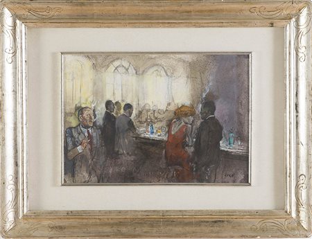 Alberto Sughi (Cesena 1928 - Bologna 2012), “Figure al bar”. Olio su carta...