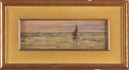 Guglielmo Pizzirani (Bologna 1886 - 1971), “Marina con barche”, 1952. Olio su...