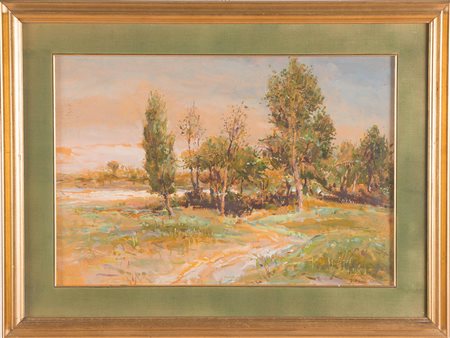 Garzia Fioresi (Vigevano 1888 - Bologna 1968), “Paesaggio”. Olio su cartone,...