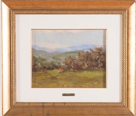 Giuliano Amadori (Bologna 1883 - 1972), “Paesaggio con figura in rosso”. Olio...