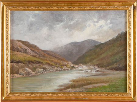 Giovanni Secchi (Bologna 1876 - Darfo 1950), “Paesaggio”. Olio su tavola,...