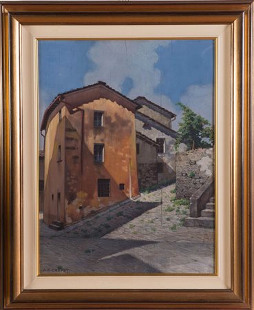 Angelo Maria Crepet (Mestre 1895 - 1973), “Scorcio di paese”. Olio su tavola,...
