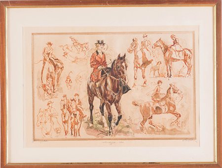 Pietro Pietra (Bologna 1885 - 1956), “Amazzoni 1800”. Penna acquerellata su...