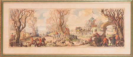 Pietro Pietra (Bologna 1885 - 1956), “Convegno di Caccia”. Penna acquerellata...