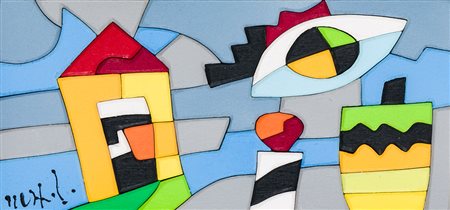 UGO NESPOLO (1941)Them allAcrilici su intarsi di legnocm 10x20x2Firma al...