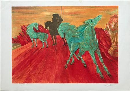 SASSU ALIGI Milano 1912 - Pollença 2000 Cavalli verdi litografia su carta...