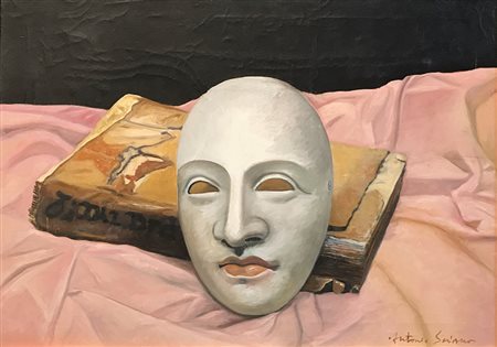 SCIACCA ANTONIO Catania 1957 Maschera e libro olio su tela 50x70 Autentica...