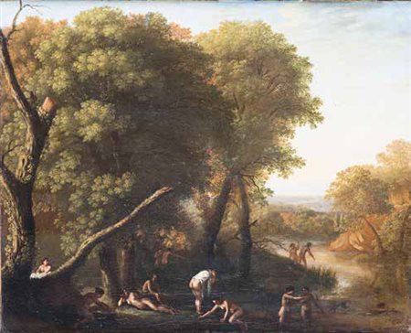 SCUOLA OLANDESE DELLA SECONDA META’ DEL XVII SECOLO PAESAGGIO CON NINFE olio...