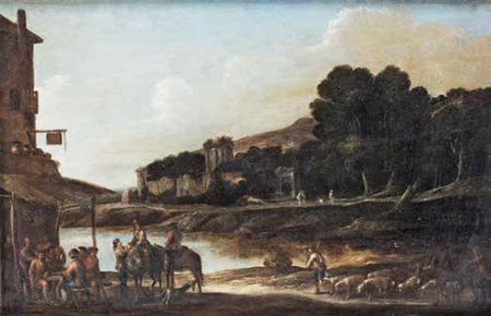 SCUOLA FIAMMINGA DEL XVII SECOLO FERMATA ALL’OSTERIA olio su tela, cm 43x64