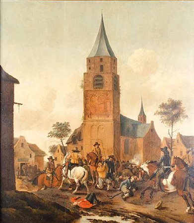 PIETER WOUWERMAN Haarlem 1623 – 1682 ASSALTO AL PAESE olio su tavola, cm...