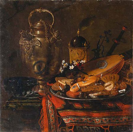 GIUSEPPE RECCO Napoli 1634 – Alicante 1695 NATURA MORTA CON DOLCI, OROLOGIO E...