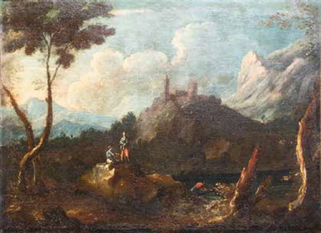 SCUOLA VENETA DEL XVIII SECOLO VEDUTA CON FIGURE olio su tela, cm 75,3x99