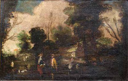 SCUOLA VENETA DEL XVIII SECOLO VEDUTA CON FIGURE olio su tela, cm 44x68