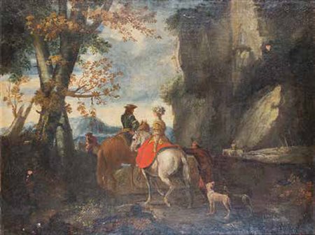 SCUOLA TOSCANA FINE DEL XVIII SECOLO L’INCONTRO NEL BOSCO olio su tela, cm...