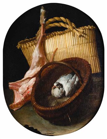 ARCANGELO RESANI Roma 1670 – Ravenna 1740 NATURA MORTA CON CESTO CON COLOMBA,...