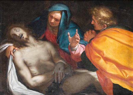 SCUOLA LOMBARDA DEL XVII SECOLO CRISTO COMPIANTO DALLA MADONNA E SAN GIOVANNI...