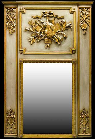 SPECCHIERA IN STILE LUIGI XV, XIX/XX SECOLO in legno dorato e laccato verde,...