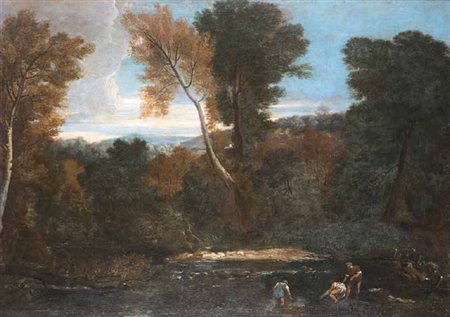 GASPARD DUGHET Roma 1615 – 1675 PAESAGGIO CON FIGURE olio su tela, cm 96x133....