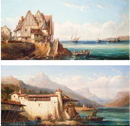 ALFRED GODCHAUX Bordeaux 1835 – Pau 1895 A) VEDUTA COSTIERA olio su tavola,...