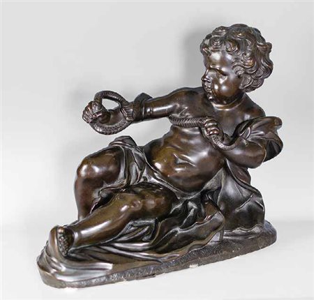 ALESSANDRO ALGARDI (SEGUACE) ERCOLE BAMBINO CHE SOFFOCA UN SERPENTE bronzo,...