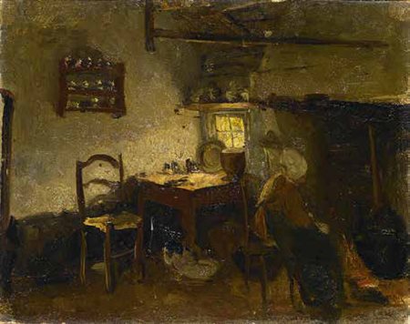ALBER NEUHUYS Utrecht 1844 – Locarno 1914 INTERNO DI CUCINA olio su carta...