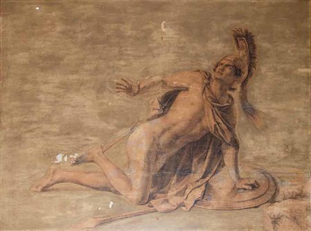 SCUOLA NEOCLASSICA GUERRIERO FERITO tecnica mista su carta applicata su tela,...