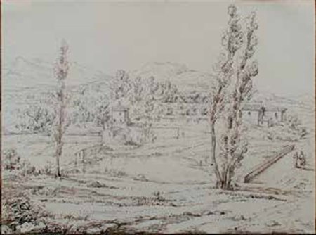 SCUOLA ITALIANA DEL XIX SECOLO VEDUTA COLLINARE china su carta, cm 18,5x25