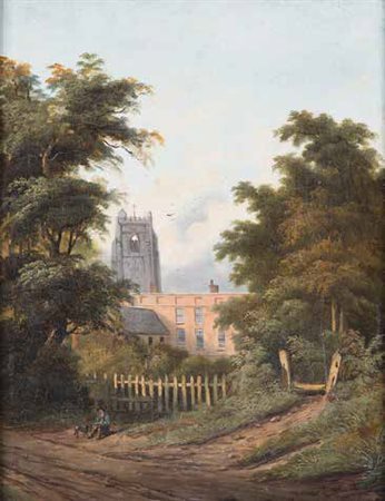 SCUOLA INGLESE DEL XIX SECOLO SCORCIO URBANO olio su tela applicata su...